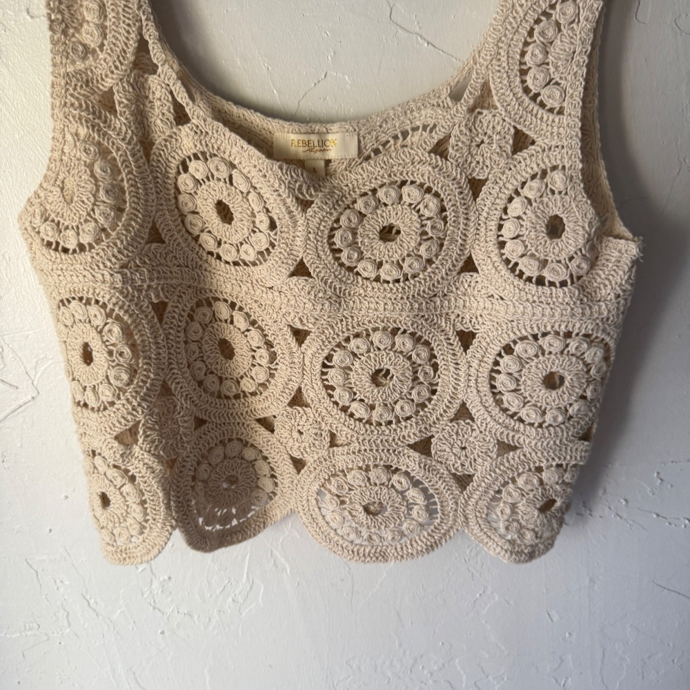 Rebellion Crochet Tank Top Cream Sleeveless Festival Boho Women's L - Picture 3 of 8